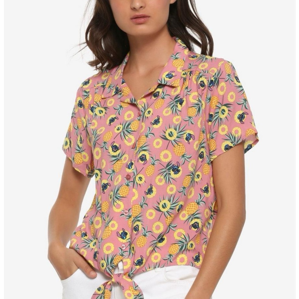 Disney‎ Lilo & Stitch Pineapple Womens Tie Front Woven Top 2X